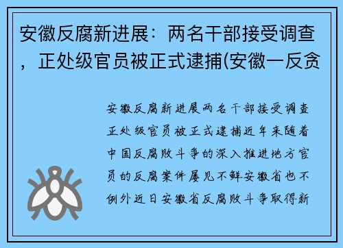 安徽反腐新进展：两名干部接受调查，正处级官员被正式逮捕(安徽一反贪局长)