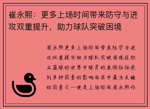 崔永熙:更多上场时间带来防守与进攻双重提升,助力球队突破困境