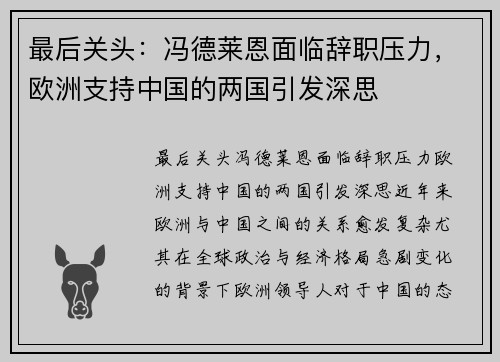 最后关头：冯德莱恩面临辞职压力，欧洲支持中国的两国引发深思