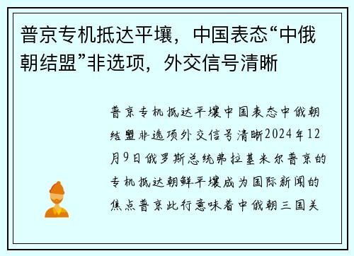 普京专机抵达平壤，中国表态“中俄朝结盟”非选项，外交信号清晰