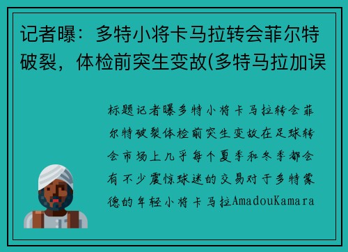 记者曝：多特小将卡马拉转会菲尔特破裂，体检前突生变故(多特马拉加误判)